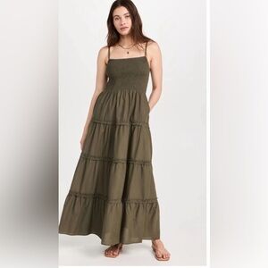 Olive Green Maxi Dress with Smocked Bodice Tiered Ruffle Pockets Cotton Cami